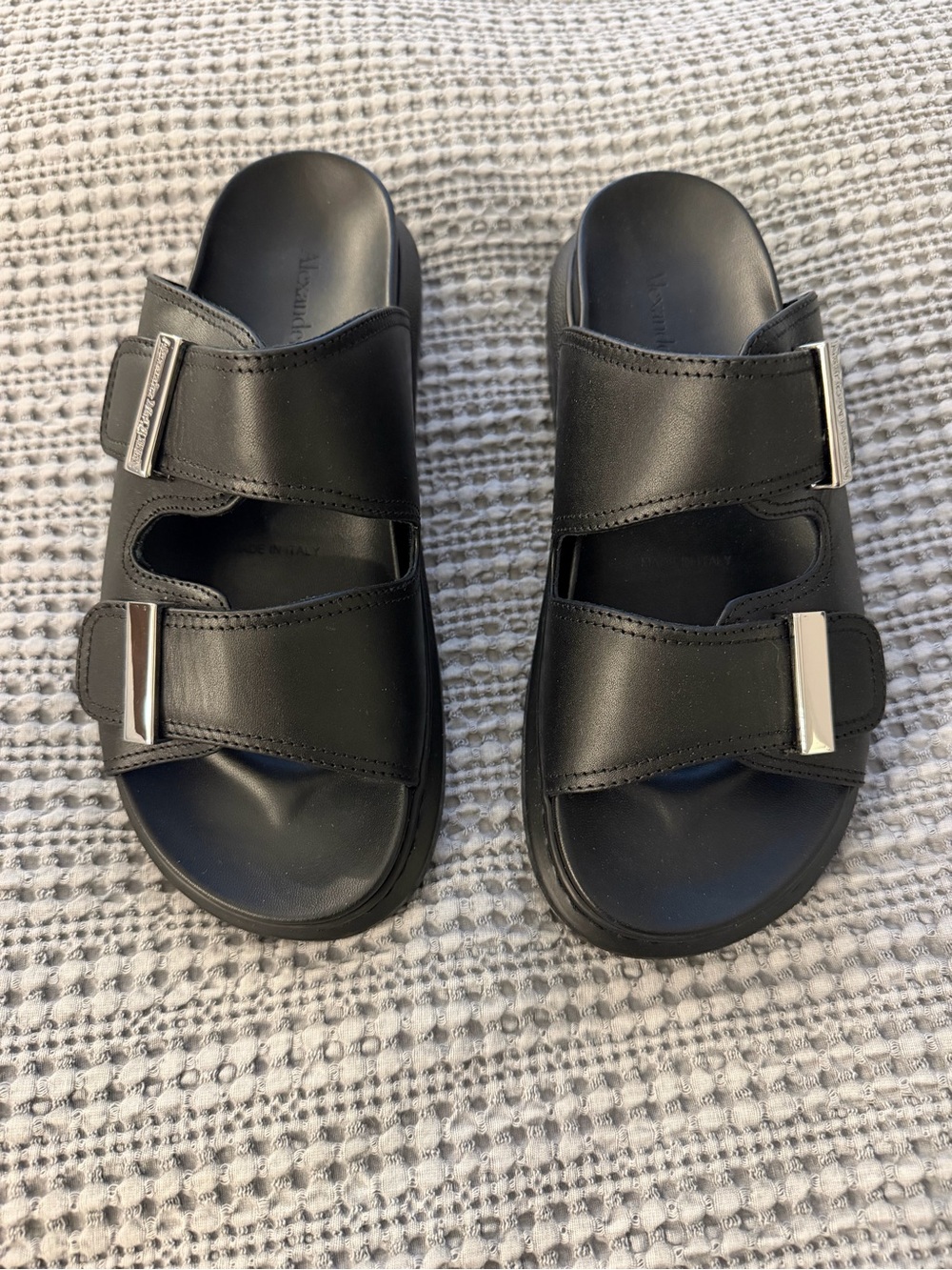 Alexander McQueen Black Leather Slide Sandals with Silver Buckles